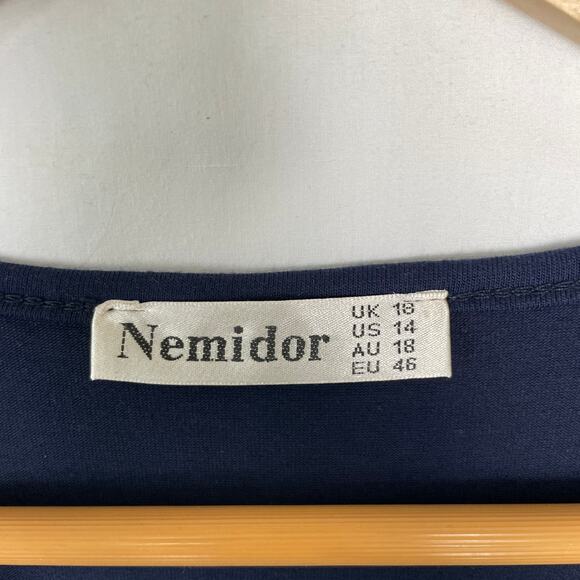 Nemidor Faux Wrap a-line Jersey Dress Swingy Drapey Knee Length Navy Size 14 - Picture 5 of 7